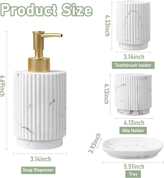 SEEYUAN Bathroom Accessories Set 4 Pcs-Toothbrush Holders Set, Soap Dispenser, Cotton Swab Jars, Vanity Tray, Bathroom Organizer for Modern Bathrooms Decor, Gift for Home Apartment
