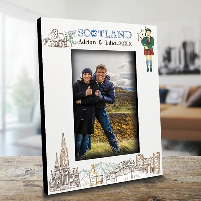 BELLA BUSTA-Personalized Europe Travel Picture Frame– Custom Scotland Photo Frame with City & Country-Honeymoon, Vacation, Adventure, Favor Keepsake (Scotland (5x7 Vertical))