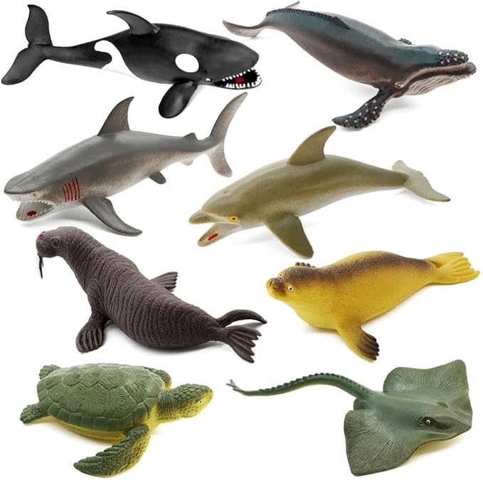 Sea Animal Toy Set, 8 pcs Animal Sea Figures Ocean Toy for Kids, Realistic Set for Sea Lovers, Includes Great White Shark, Dolphin, White Shark, Whale for Age 3+, Gift for Christmas
