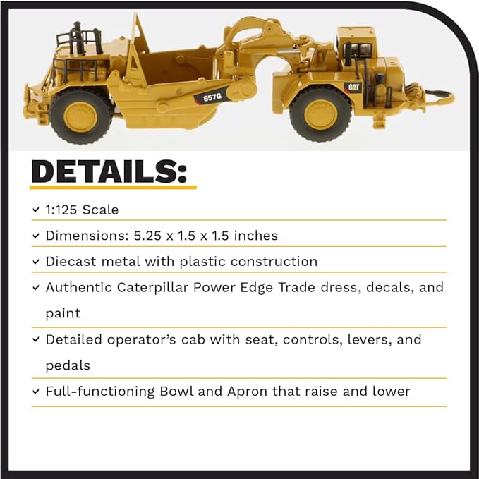 Diecast Masters 1:125 Caterpillar 657G Wheel Tractor Scraper, Elite Series Cat Truck | Scale Model Collectible Construction Trucks Truck, 85542
