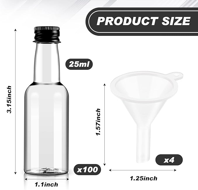 Tessco 100 Pcs Mini Liquor Bottles Plastic Mini Salad Dressing Bottle Christmas Small Shooter Alcohol Holders with Cap Wine Hot Sauce(0.8 Oz,Black)
