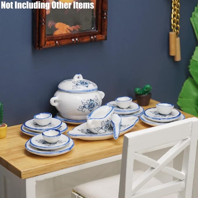 Odoria 1/12 Miniature Dish Dinnerware Set 17Pcs Dollhouse Decoration Accessories, Blue Petals