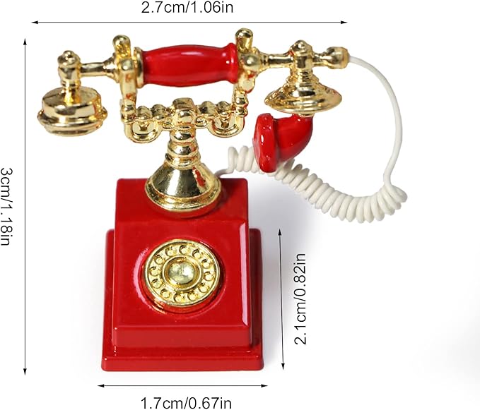 Dollhouse Telephone 1:12 Miniature Vintage Rotary Phone Model Desk Decoration Retro Mini Accessorries for Artificial House Living Room Scene (Red)