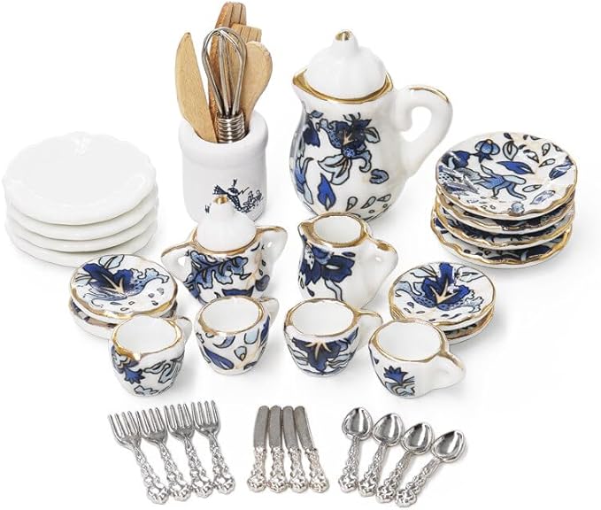 Odoria 1/12 Miniature Porcelain Tea Set Plates and Silverware Kitchen Utensils Dollhouse Accessories, Blue