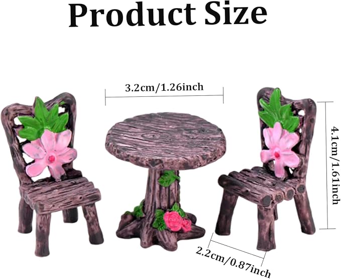 3 Pcs Miniature Round Table and Chairs Set - Outdoor Pastoral Style Fairy Garden Furniture Ornaments, Vintage Resin Bench & Chair Kit for Dollhouse Accessories, Micro Landscape & Home Decorations