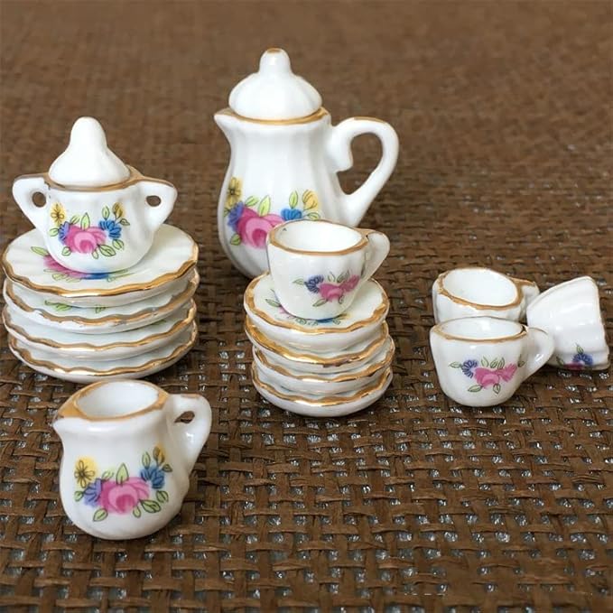 Dollhouse Decoration Accessories, 1:12 Dollhouse Miniature 15 Pcs Porcelain Tea Sets Mini Food Toy Model (H)