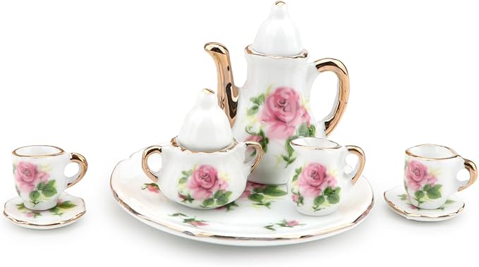 Dollhouse 1:6 Porcelain Tea Cup Sets 8 Pcs Set Miniature Ceramics Dollhouse Accessories Flower Pattern Teapot Platter Dish Sets Dollhouse Kitchen Supplies Decoration (Little Rose)