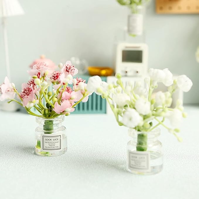 1:6 Scale Miniature Flowers in Vase Set for Dollhouse Displays, Realistic Tiny Floral Arrangements for Train Platforms, Fairy Gardens and Micro Landscapes (F)