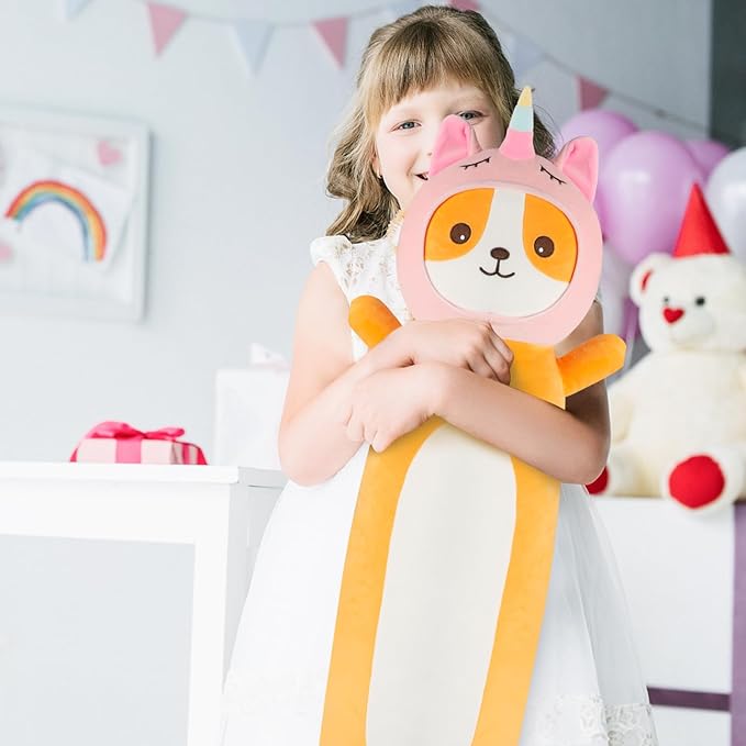 36 Inch Kawaii Unicorn Dog Long Plush Body Pillow Toy, Soft Corgi Shiba Inu Plushies with Stuffy Unicorn Outfit Big Stuffed Animals Gift for Kids Boys Girls, Birthday, Halloween, Christmas