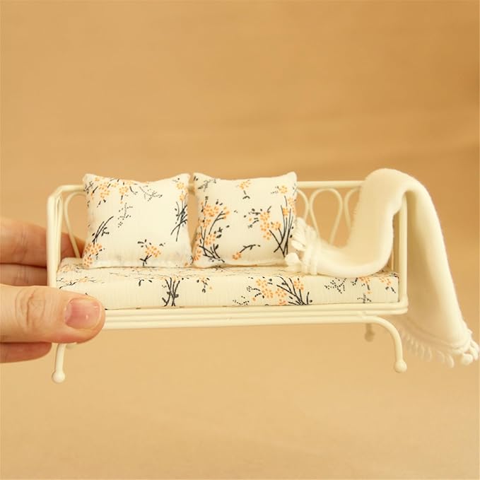 Doll House Sofa Set; Iron Frame Miniature Living Room Furniture; Detachable Washable Fabric Cushions for Creative Room Decoration.