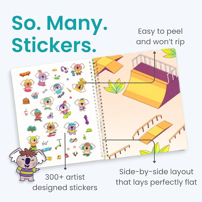 CUPKIN Koalas Sticker Book Activity for Kids, Toddler Airplane Travel Essentials, 300+ Koala Stickers for Children + 8 Scenes + Coloring Pages, Koala Bear Lover Gift Kids Crafts for Ages 2–8