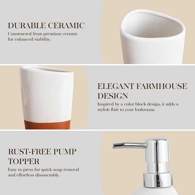MALACASA Bathroom Accessories Sets 4 Pcs, Cream Soap Dispenser and Farmhouse Toothbrush Holder, Soap Dish with Storage Cup, Durable Ceramic Bathroom Decor for Morden Apartment, Ceram Color