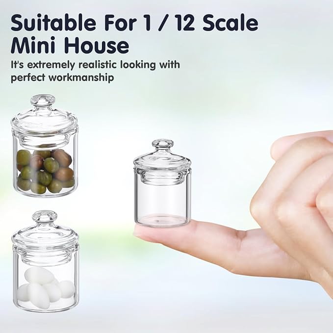 2 Pcs Miniature Glass Jars with Lids Doll House Decor 1 12 Scale Mini Model Storage Tank Realistic Miniature Glass Canisters for Dollhouse Accessories 1.02X0.78X0.78 Inch