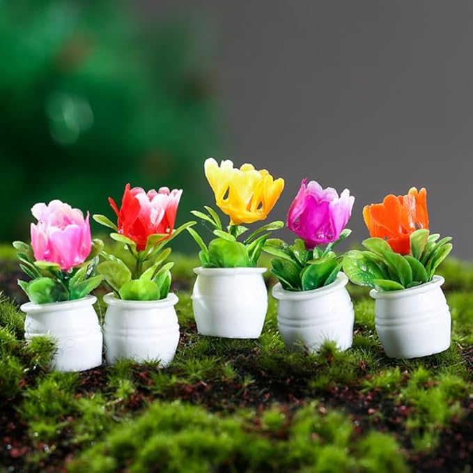 LALADEFIEE Miniature Flower Pots 5Pcs Dollhouse Accessories Tiny Potted Plant Models Realistic Resin Bonsai Decorations for Dollhouse Tabletop Micro Landscape