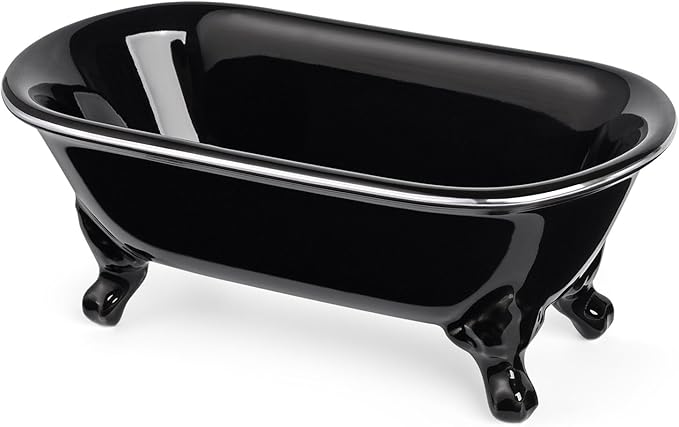 NEWHENGS 6.5" Ceramic Mini Decorative Clawfoot Bathtub Bar Soap Dish, Kitchen Sponge Holder and Shower Tray for Bathroom, 1 Pack (Black Silver Rim)