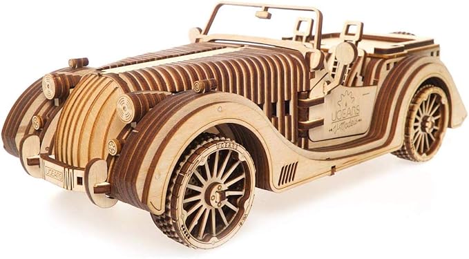 UGEARS VM-01 Roadster Vehicle – 3D Wooden car DYI – Fun Projects for Adults– 3D Mechanical Working Model Idea – Plywood Material with Transmission Integrated – Great Gift for Car Lovers
