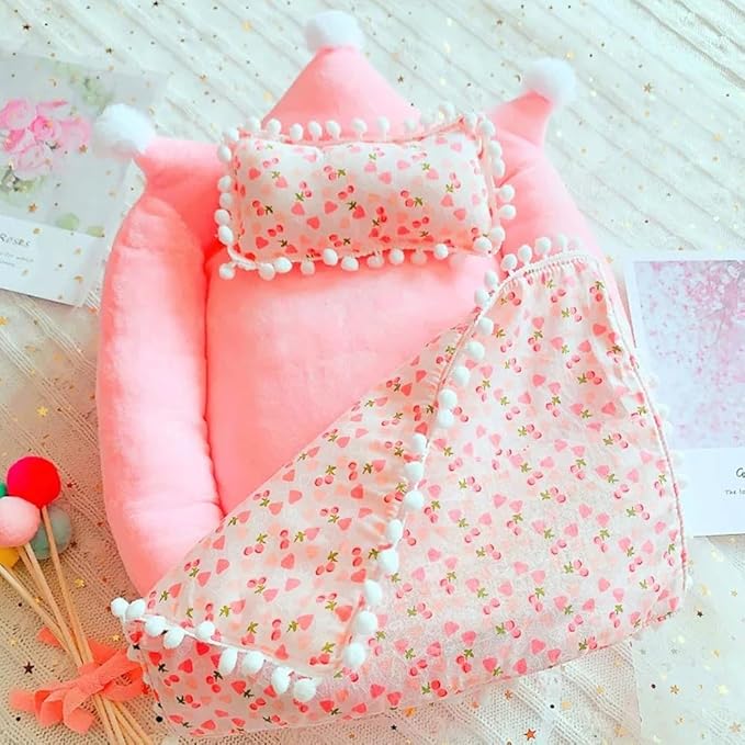 Mini Bed for Labubu Sofa, Doll House Furniture for Labubu Bedroom, Cute Doll Bed with Pillow and Blanket for 17cm Doll, Dollhouse Accessories for Labubu Decor or Collectors (Cherry)