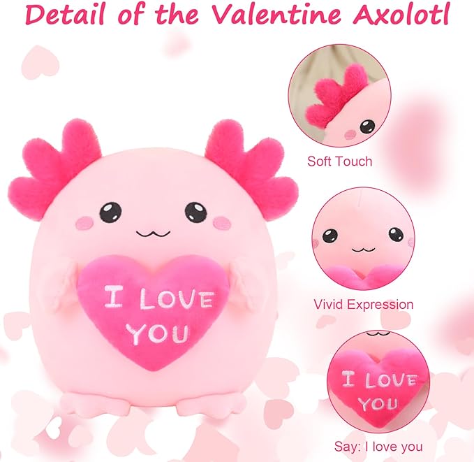 Axolotl Stuffed Animal, Loving Axolotl Plush Toys with Holding Heart I Love You for Valentine's Day, Sweet Romantic Anniversary Birthday Gift for Girlfriend/Boyfriend(Pink,10 inch)