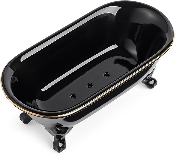 NEWHENGS 6.5" Ceramic Mini Decorative Clawfoot Bathtub Bar Soap Dish, Kitchen Sponge Holder and Shower Tray for Bathroom, 1 Pack (Black Gold Rim)