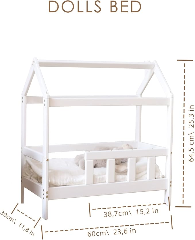 BUSY WOOD Wooden Doll Bed Pair to Toddler Bed Frame - Bedroom Furniture for Girl - Dolls Bed Pretend Play - Montessori Furniture - White Color Bed - Color Variation