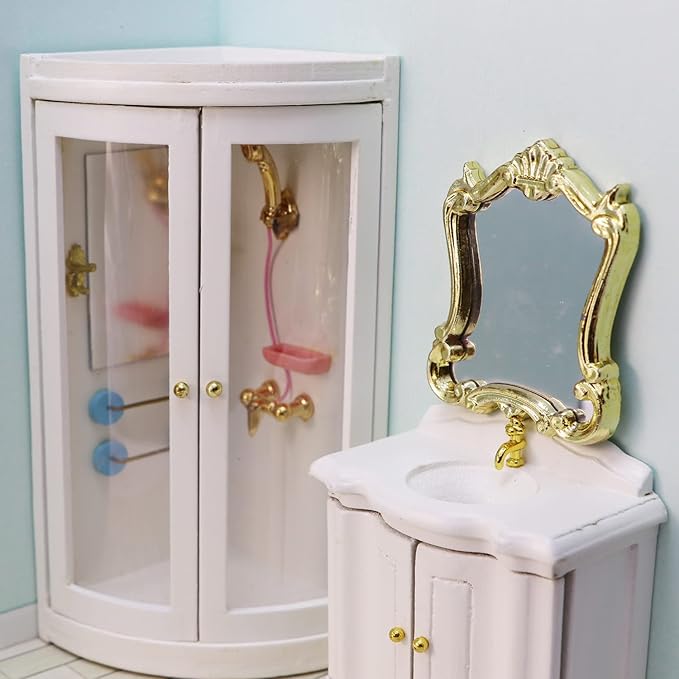 Dollhouse Shower Room Miniature Furniture Bathroom Accessories 1:12 Mini House Wooden White Cubicle House Corner Simulation Building Birch