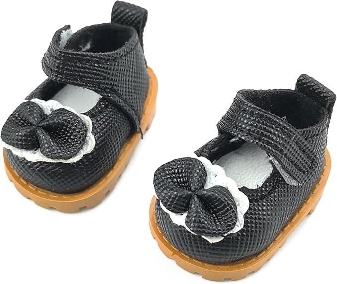 QIUTIMIY Mini Doll Shoes Accessories – 1 Pairs of Bowknot Mini Shoes for 17cm Dolls,Fashion Doll Footwear for Dress Up and Replacement (No Doll)（Bow Black）