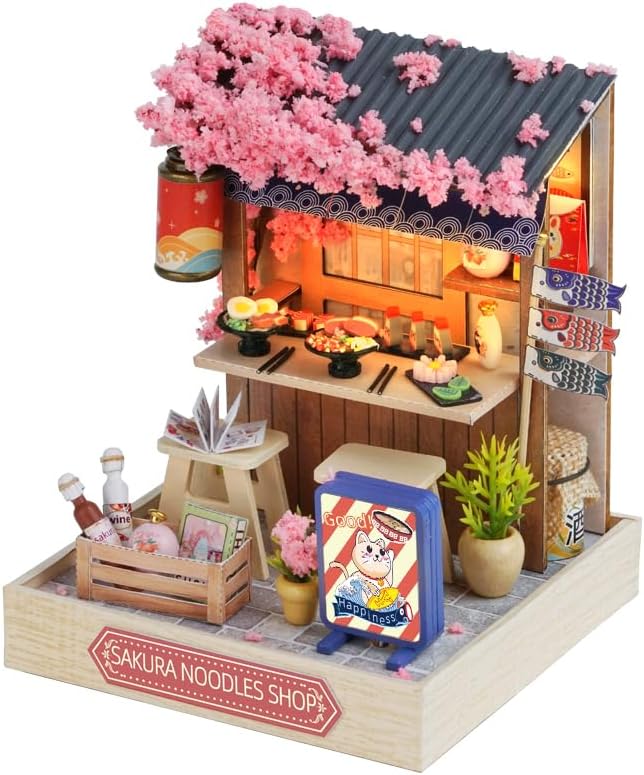CRIOLPO DIY Miniature Doll House Kit with Furniture, DIY Doll House Miniature Wooden House Kit, Inventive Room, Wooden Dolls House, Ideal for Craft Enthusiasts - Sakura Noodle House