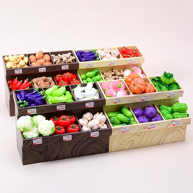 1/20 Scale Mini Realistic Vegetable Rack Model, Supermarket Props, Prentend-Play Accessory Set (Brown Vegetable Rack + 40 Vegetables)