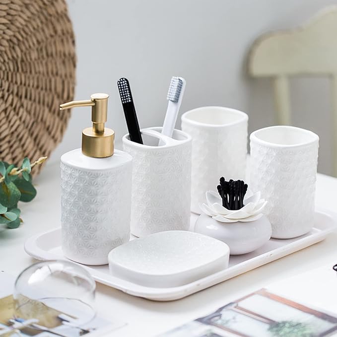 SHIIANN Ceramic Bathroom Accessories Set, 4 Pack Bathroom Ensemble for Bathroom Includes 1 Lotion Dispenser 1 Toothbrush Holder 1 Tumbler 1 Soap Dish (White)