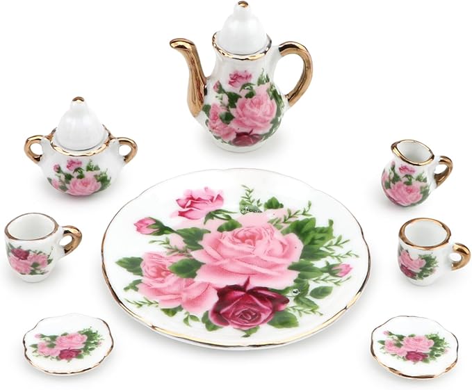 Dollhouse 1:6 Porcelain Tea Cup Sets 8 Pcs Set Miniature Ceramics Dollhouse Accessories Flower Pattern Teapot Platter Dish Sets Dollhouse Kitchen Supplies Decoration (Big Rose)