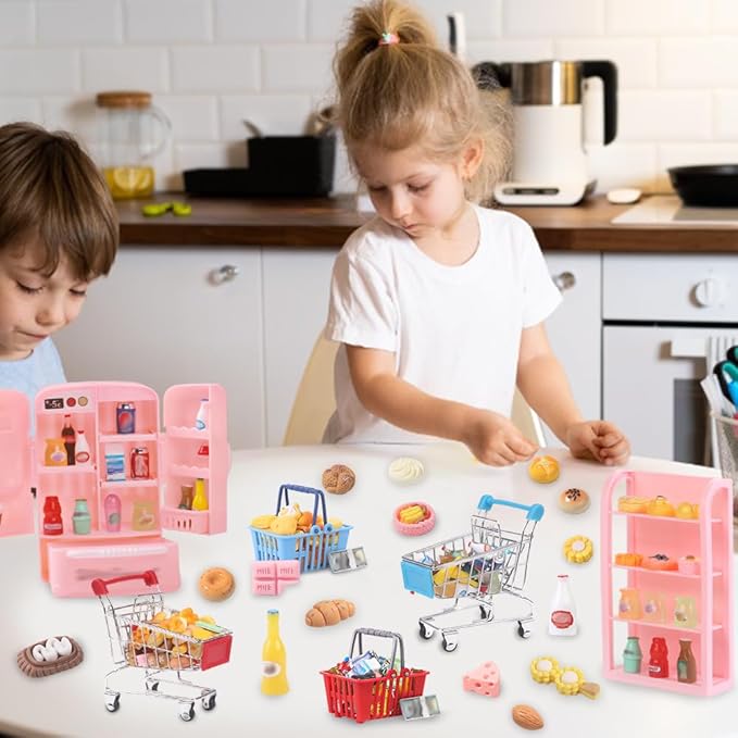143pcs Mini Shopping Cart Basket Miniature Food Drink Bottle Toys, Supermarket Shelve Metal Handcart Cash Register for Dollhouse Store AccessoryPretend Play Cosplay Game Kids Party Favor