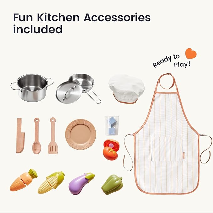 Tiny Land Play Kitchen for Kids, Wooden Kids Play Kitchen Playset Chef Pretend Play Set for Toddlers with Real Lights & Sounds, Toys Kitchen with 18 Pcs Toy Food & Cookware Accessories (Green)