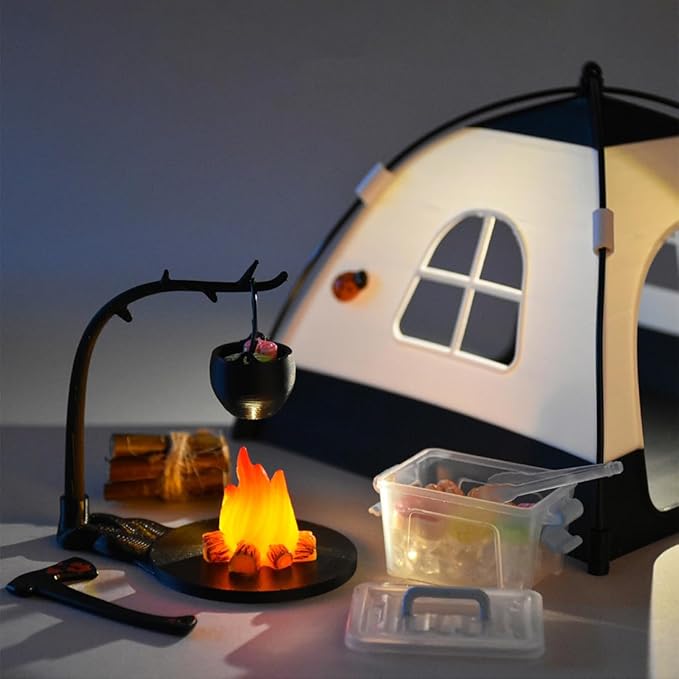 1/12 Scale Mini Realistic Camping and Picnic Model Set, Food-Play Props, Prentend-Play Accessory Set (Black Tent + Light + Ladybug + Picnic Food Items/Light-Up)