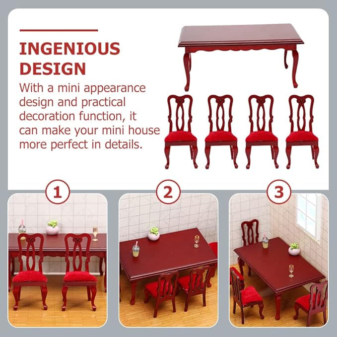 Vintage Dollhouse Furniture Miniature Table and Chairs Set 1/12 Scale Accessories Wood Mini Victorian Dining Chair Set Red Kitchen Decorations Model