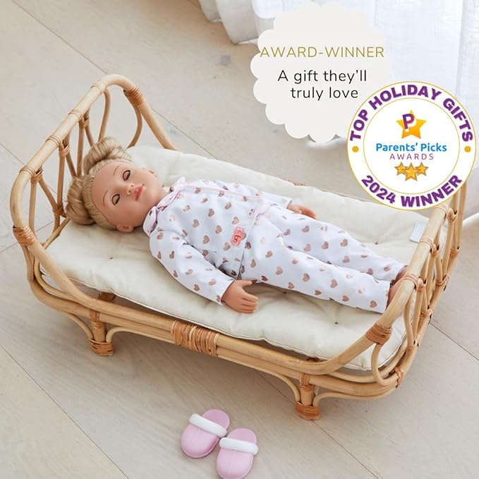BEBE BASK Large Premium Rattan Doll Bed 20 x 12 x 10- Handcrafted & Award-Winning - Sized for 18-Inch Dolls - Fits American Girl & Our Generation - Luxe Mattress - Baby Photoshoot Props (Large)