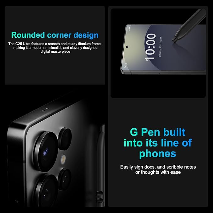 5G Unlocked Cell Phone,12+512GB Memory Android Phone,108MP Zoom Camera, Android 15 Smartphone,Build in G Pen, 6.8“ HD Screen,7000mAh Battery Life, Dual SIM/Face ID/GPS (Titanium Black)