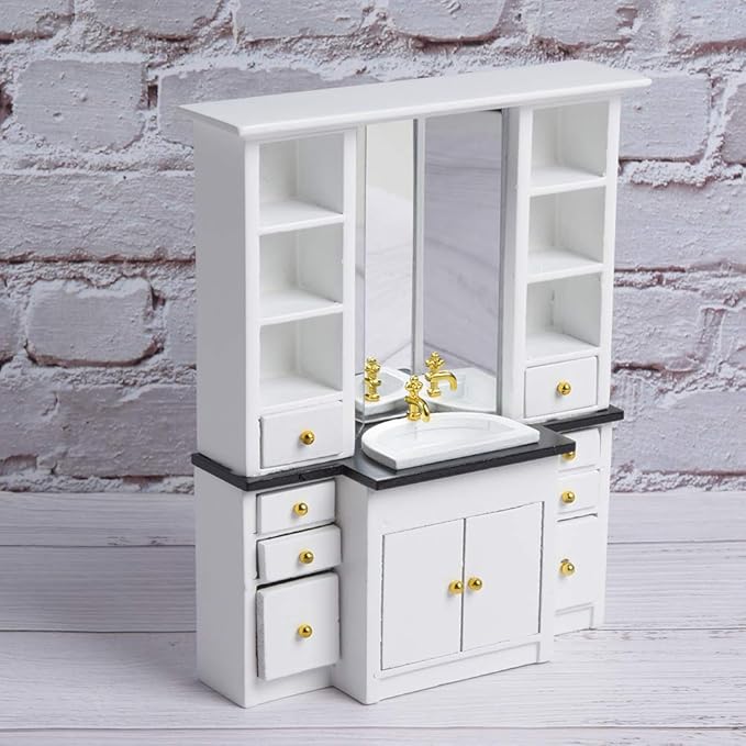 RASTKY 1:12 Scale Dollhouse Miniature Furniture Set - White Bathroom Basin Cabinet Kitchen Decor with Sink Vanity, Wooden Mini Kit for Dollhouse Accessories, 1/12 Bedroom (White)