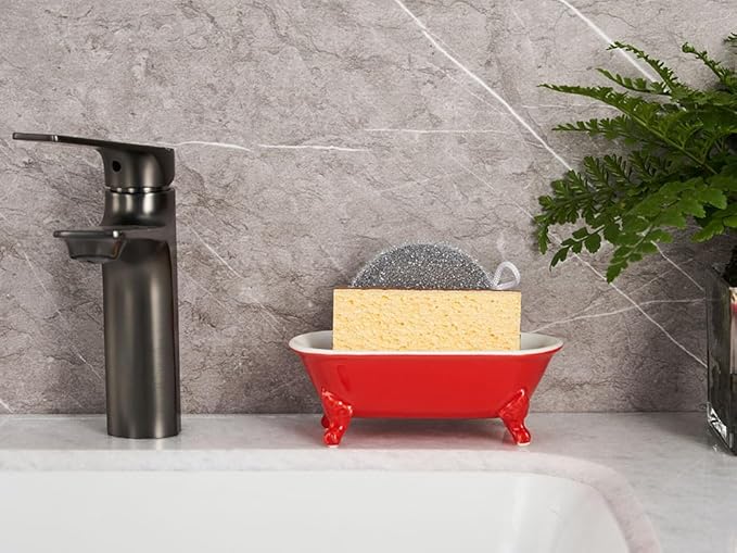 NEWHENGS 6.5" Ceramic Mini Decorative Clawfoot Bathtub Bar Soap Dish, Kitchen Sponge Holder and Shower Tray for Bathroom, 1 Pack(Chili)