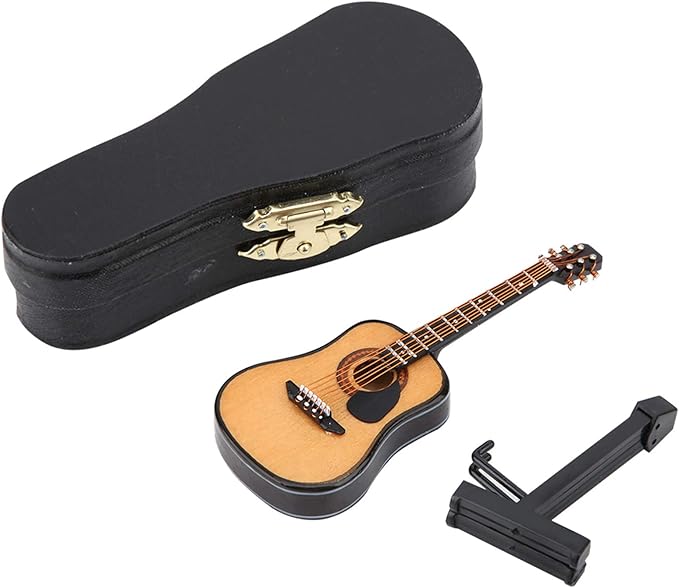 Wooden Miniature Guitar with Stand and Case ,Mini Guitar Collectible Figurines Dollhouse Miniatures, Lovely Musical Instrument Display Model (3.9"x1.5"x0.5")