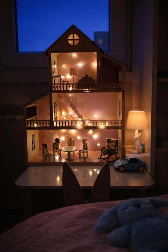 Wooden Doll House with Led Lights Set and Furniture Accessories, Large Size Pink Wooden Dream House, Dollhouse