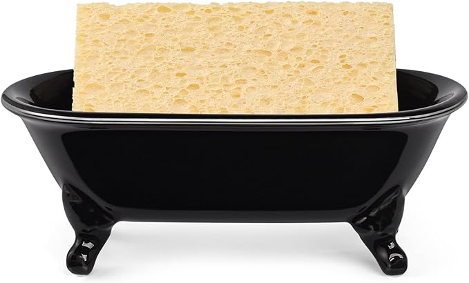 NEWHENGS 6.5" Ceramic Mini Decorative Clawfoot Bathtub Bar Soap Dish, Kitchen Sponge Holder and Shower Tray for Bathroom, 1 Pack (Black Silver Rim)
