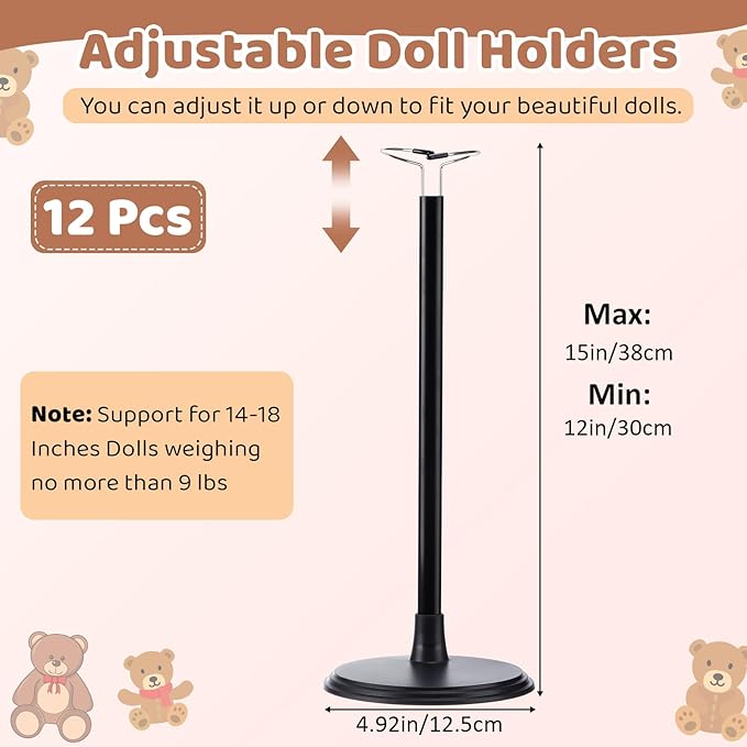 Yaocom 12 Pcs Adjustable Doll Stand Display Holder for 14 to 18 Inches Action Figure Stands with Expandable Waist Wire Bracket Support Dolls Display Rack for Home Shop Birthday Party(Black)