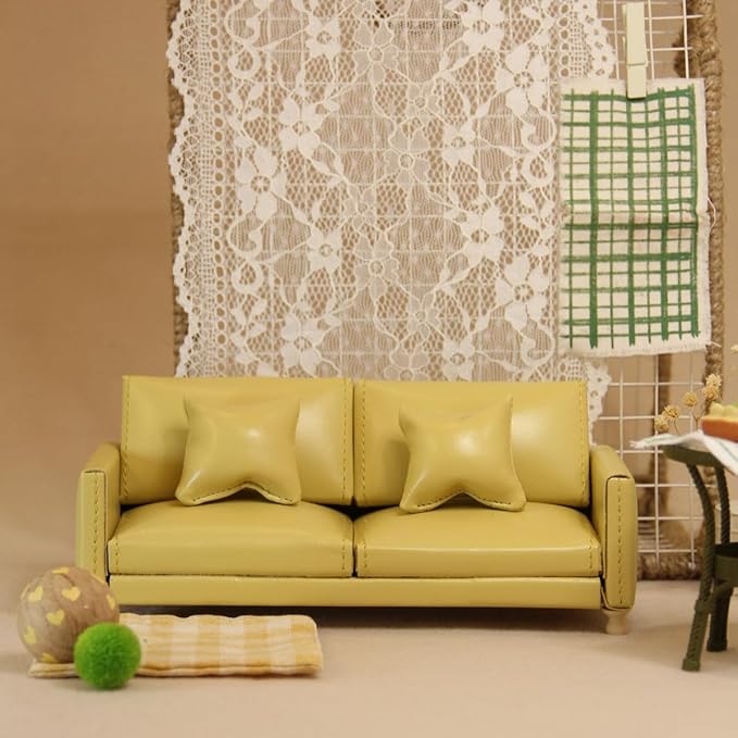 Miniature Dollhouse Leather Couch -1:12 Scale Mini Sofa Furniture Set with Cushions Fit 1/12 Scale Accessories for Doll House Décor and 3 to 6 inches Doll Figure (Yellow)