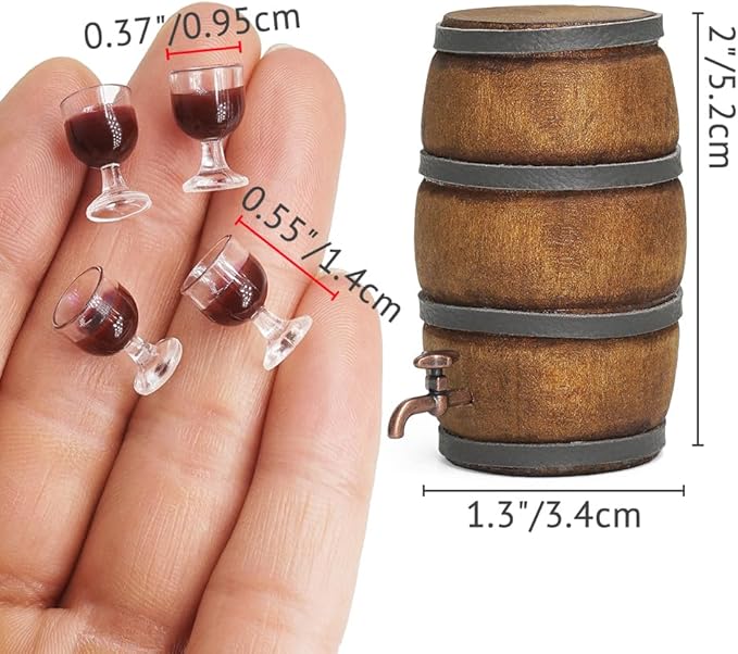 Odoria Dollhouse Wine Barrel and Glasses: 5Pcs 1/12 Scale Miniature Aging Barrels for Rustic Garden Retro Farmhouse Vintage Restaurant Bar Kitchen - Mini Drinking Liquor Alcohol Props DIY for Craft