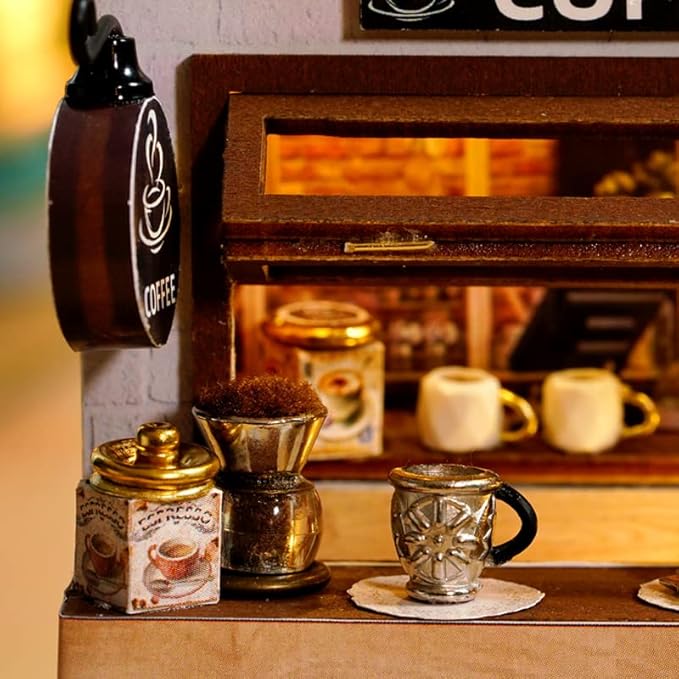 CRIOLPO DIY Doll House Miniature Kit, Handmade 3D Miniature Doll House with Furniture, Inventive Room DIY Dolls House, for Home DéCor - Coffee Time