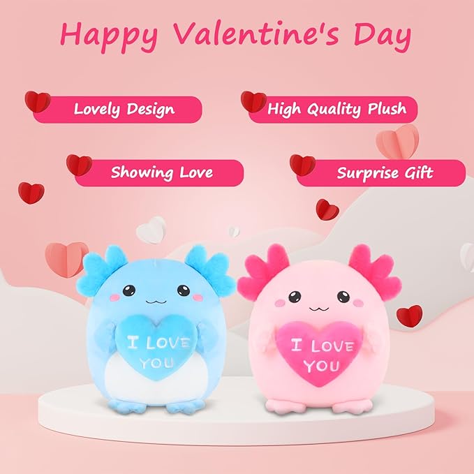 Axolotl Stuffed Animal, Loving Axolotl Plush Toys with Holding Heart I Love You for Valentine's Day, Sweet Romantic Anniversary Birthday Gift for Girlfriend/Boyfriend(Pink,10 inch)
