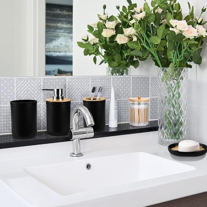 OTOSTAR Bathroom Accessories Set 8 Piece Bamboo Bathroom Accessory Set Bathroom Gift Set with 2 Qtip Holder Trash Can Soap Dispenser Toothbrush Holder Tumbler Cup Soap Dish Toilet Brush Holder (Black)