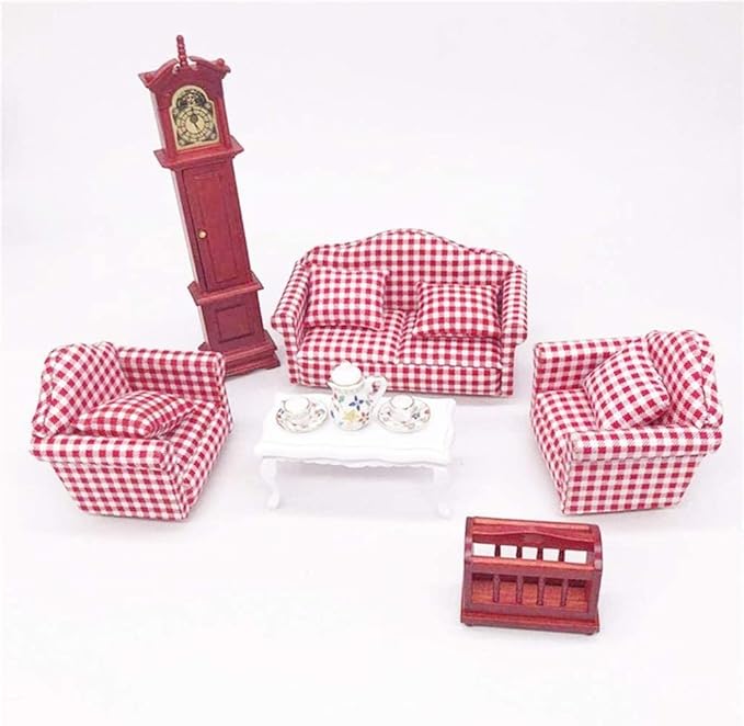 2 Sets 1:12 Scale DIY Dollhouse Sofa&Armchair with Pillow Mini Dolls House Furniture Couch&Chair Miniature Wooden Furniture Handmade Crafts Supplies Red Checkered Dollhouse Toy Dollhouse Accessories