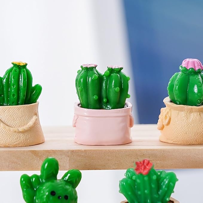 6 Pcs Mini Resin Cactus Figurines – Cute 3D Miniature Cacti in Personalized Flower Pots for Dollhouse, Fairy Garden, Bonsai Display, Car, Home, Office, Desktop Decoration, Collectible Ornaments