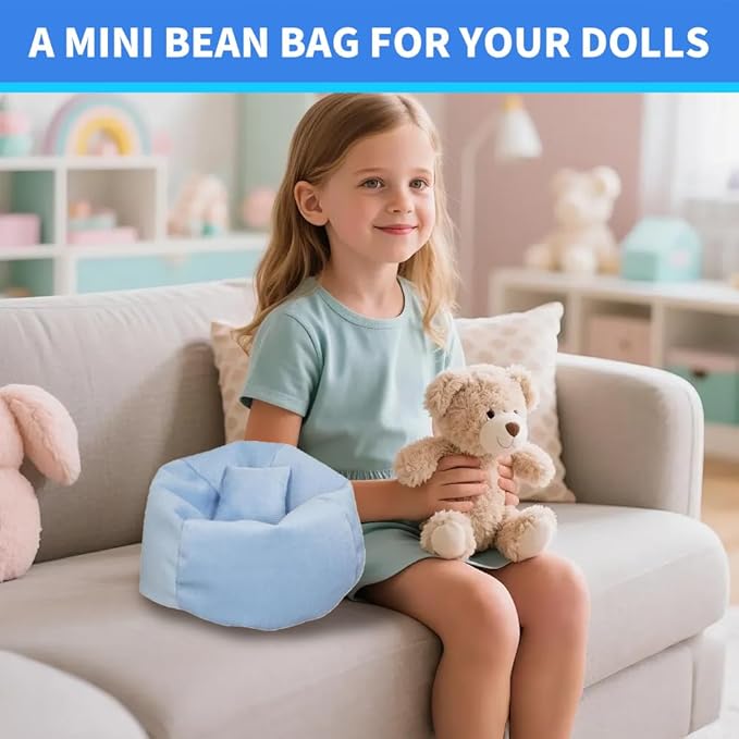 Miniature Sofa for Labubu, Cute Doll Seat for 17cm Labubu, Handmade Bean Bag Chair with Pillows, Soft Lazy Sofa Seat Miniature Couch for Dollhouse Furniture Decoration (Blue)